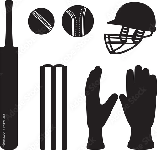 Cricket equipment bat ball helmet wickets gloves silhouette