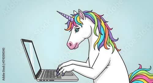 Sad cartoon unicorn character typing on a laptop computer isolated PNG with Transparent Background