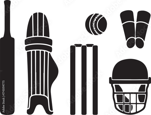 Cricket equipment set graphic silhouette sport ball