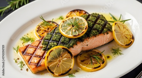 Gourmet grilled salmon fillet with pesto and seared lemon isolated PNG with Transparent Background