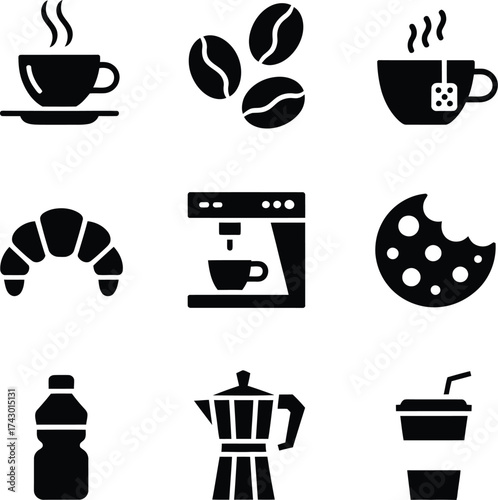 A collection of black silhouette icons featuring coffee tea and breakfast related items in a grid format