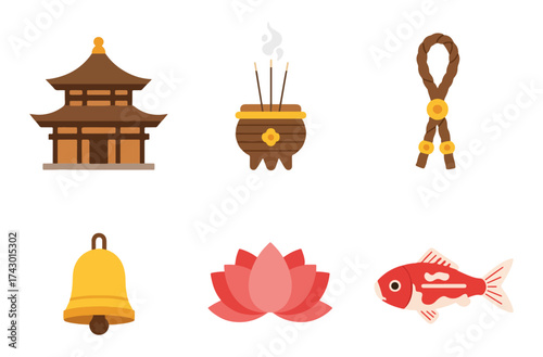 A collection of six flat design icons representing East Asian culture and religion, including a temple, incense burner, decorative knot, bell, lotus flower, and koi fish.