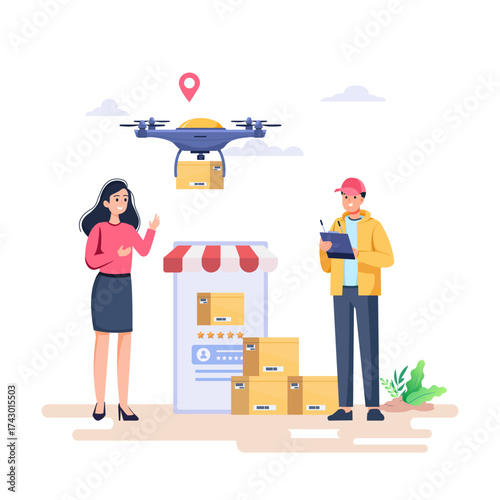 A flat character illustration of drone delivery