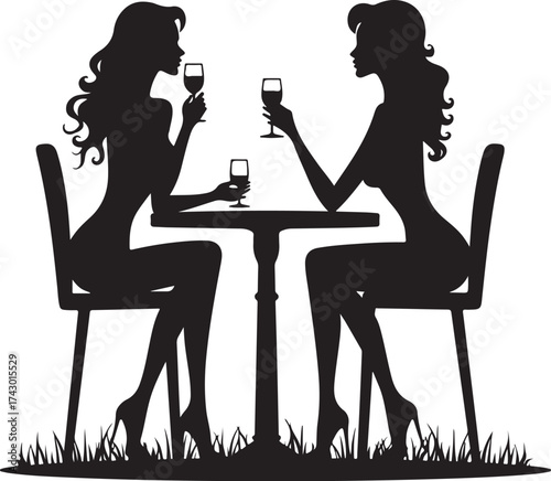 Two women silhouettes drinking wine at a table glasses