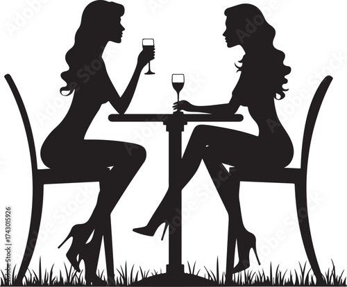 Two women silhouettes drinking wine at a table outdoors