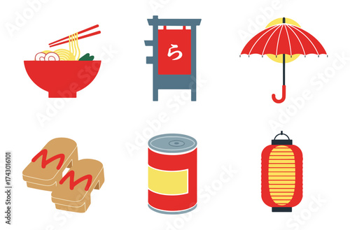 Japanese culture icons: ramen, sign, umbrella, sandals, can, lantern.