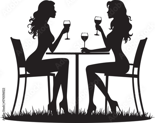 Two women silhouettes drinking wine at a table outdoors