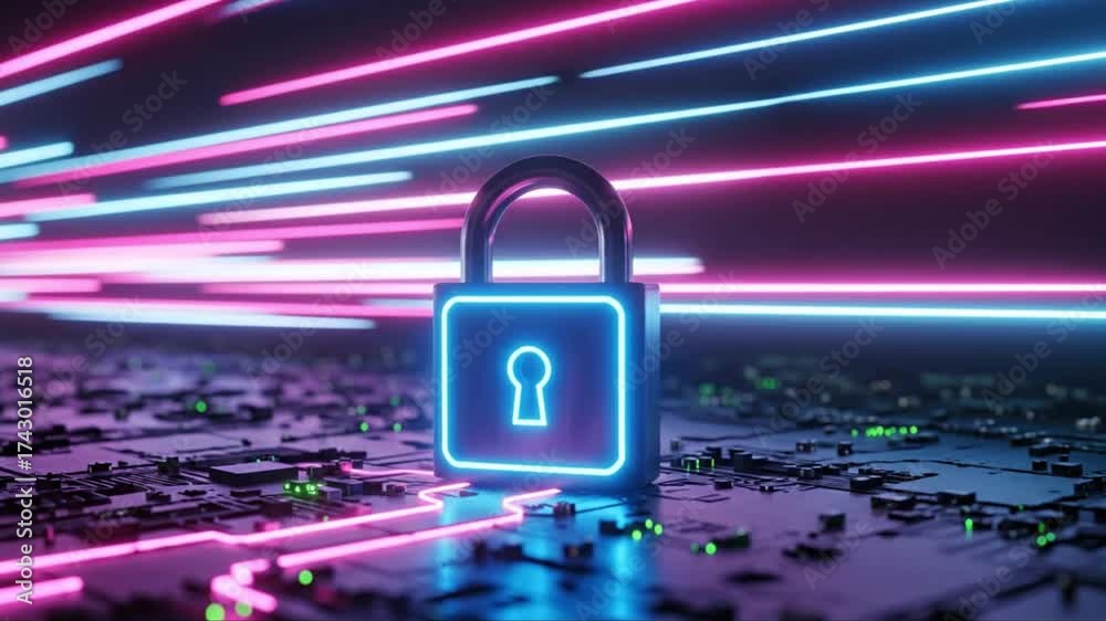 A simple digital padlock illuminated by neon lights, symbolizing ...