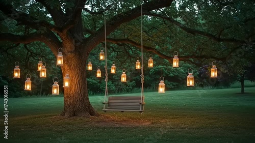 Enchanted evening scene with a swing under a tree adorned with glowing lanterns in a serene park