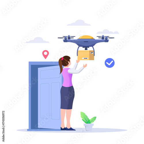 Drone delivery, smart logistics concept. Delivery drone hovers and drops package to a businesswoman on the ground.
