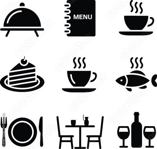 A collection of restaurant icons including food drinks and dining arrangements in black color scheme silhouette