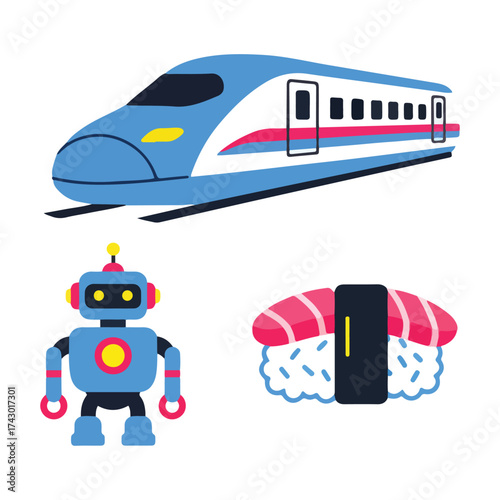 Vector illustration set of modern Japanese symbols including a high-speed train, a toy robot, and nigiri sushi.