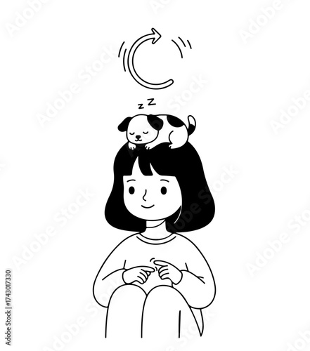 Cute girl knits with sleeping puppy on her head, creative vector art for charming projects