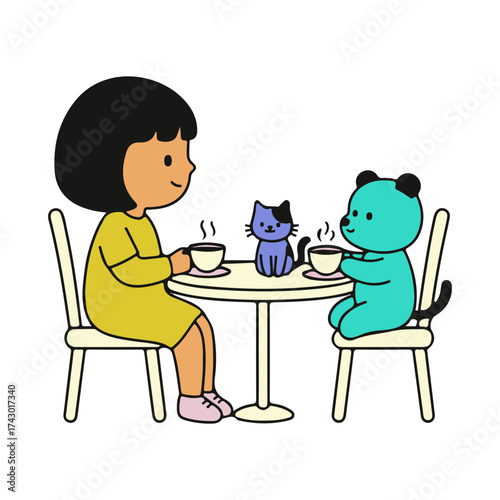 Cartoon girl and cat enjoying tea at a cafe table, whimsical, charming vector illustration