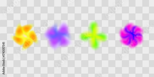Colorful smooth blurred gradient flower set. Bright blurry aura shape collection. Fading abstract elements for poster, template, badge, sticker, collage.