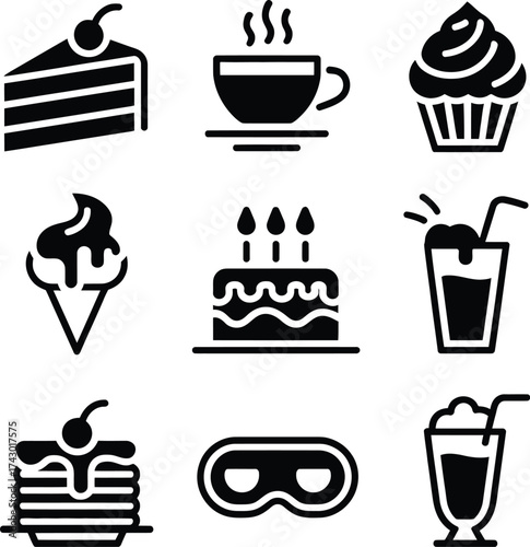 Black silhouette icons of sweets drinks and a mask arranged in a grid on a white background