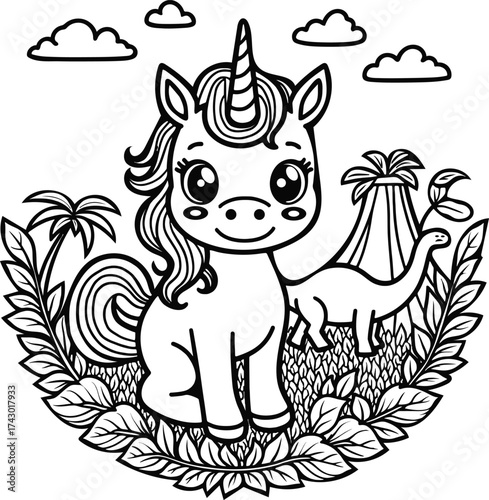 Cute cartoon unicorn and dinosaur in a prehistoric landscape coloring page