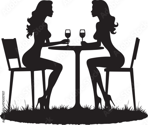 Two women silhouettes sitting at a table with wine glasses