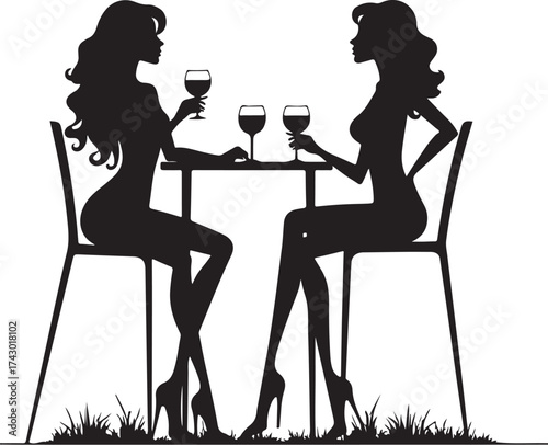 Two women silhouettes sitting at a table with wine glasses