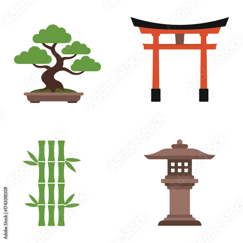 A collection of Japanese cultural and natural icons, including a bonsai tree, a Torii gate, bamboo stalks, and a stone lantern.