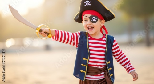 A young child dressed as a pirate, holding a sword and smiling.