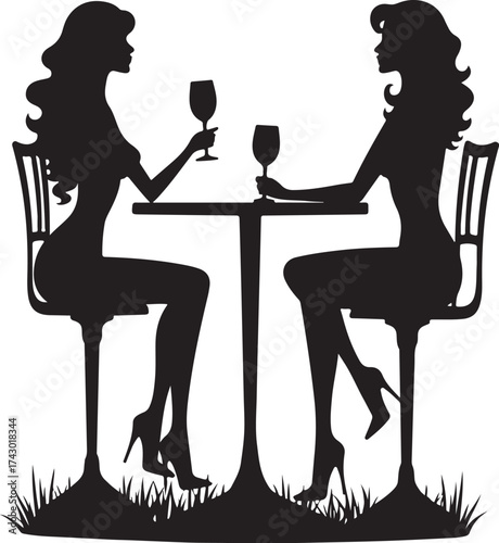 Two women silhouettes sitting at a table with wine glasses