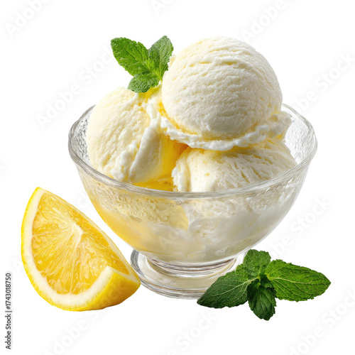 Refreshing lemon ice cream with mint and fresh lemon slice