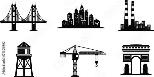 City infrastructure elements silhouette with bridge, skyline, construction crane, water tower, factory, and monument architecture vector illustration design