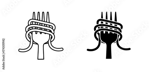 Outline and solid black vector logo of a fork with rolled spaghetti
