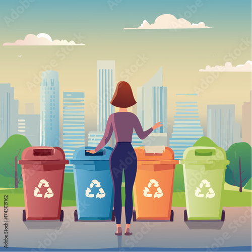 Vector illustration of a woman sorting waste into recycling bins with city skyline in background