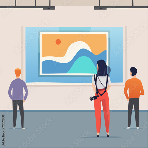 Art Gallery Visit People Admiring a Landscape Painting in a Museum