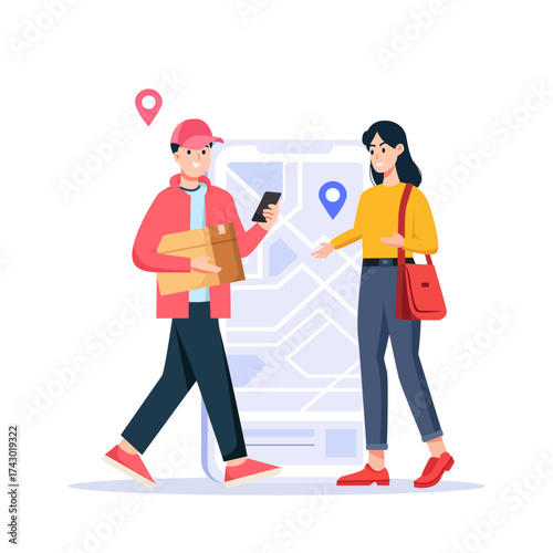 Delivery man handing a package to a woman, modern service with smartphone in background.