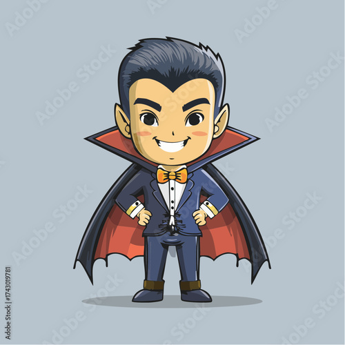 Smiling cartoon vampire man in modern formal attire with red cape and orange bowtie standing confidently on gray background in playful character design