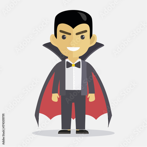 Smiling cartoon vampire man in modern formal wear with red cape standing confidently in flat style, ready for Halloween party, mythical creature, fictional character, digital art