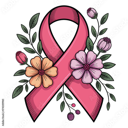 Breast Cancer Awareness Pink Ribbon Vector Illustration, Hope Symbol with Hand-Drawn Floral Design