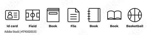 From ID Cards to Fields Icons set vector illustration with Id card, Field, Book, File, Book, Book, Basketball