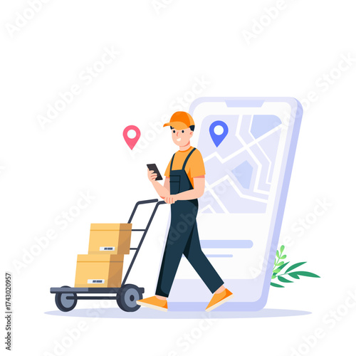 Delivery man pushing a cart full of cardboard boxes delivering packages to a customer's doorstep