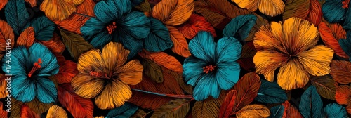 Artistic floral pattern with teal and orange flowers on a black background. Leaves also appear