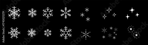 雪の結晶ときらめきパーツ_手描きイラスト_黒背景｜Hand-drawn Snowflake and Sparkle Elements