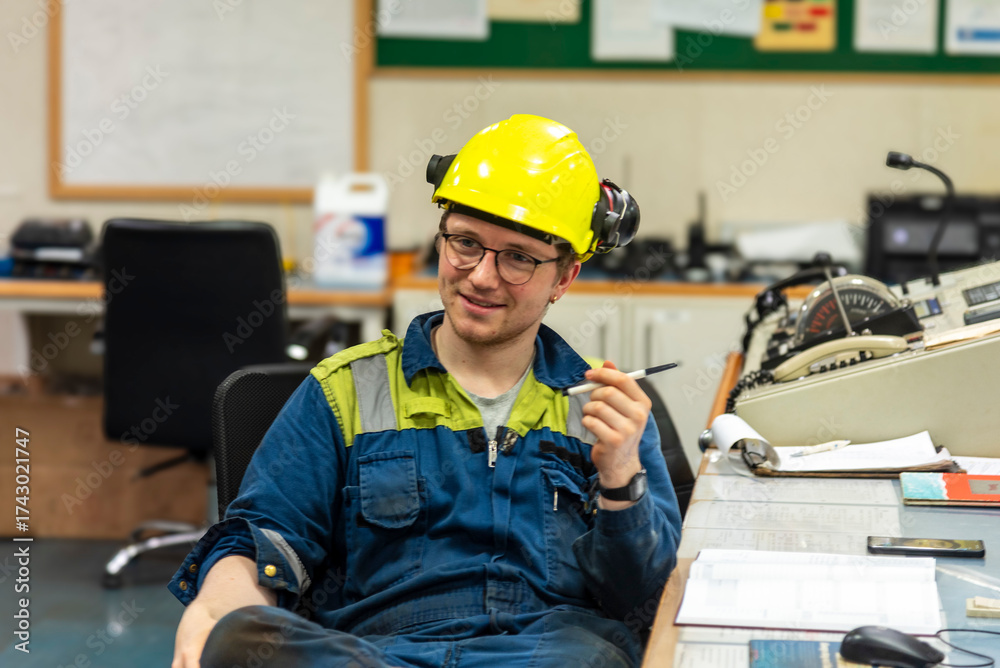 Φωτογραφία Male engineer in a blue and green coverall with a yellow safety helmet and glasses, sits in the control room of a merchant vessel