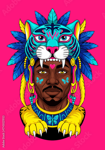 Striking tribal chief artwork with colorful tiger headdress celebrating vibrant culture and heritage in eye-catching design