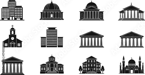 Collection of historical and modern building silhouettes, architectural landmarks, temples, mosques, churches, museums, and government structures in black vector design