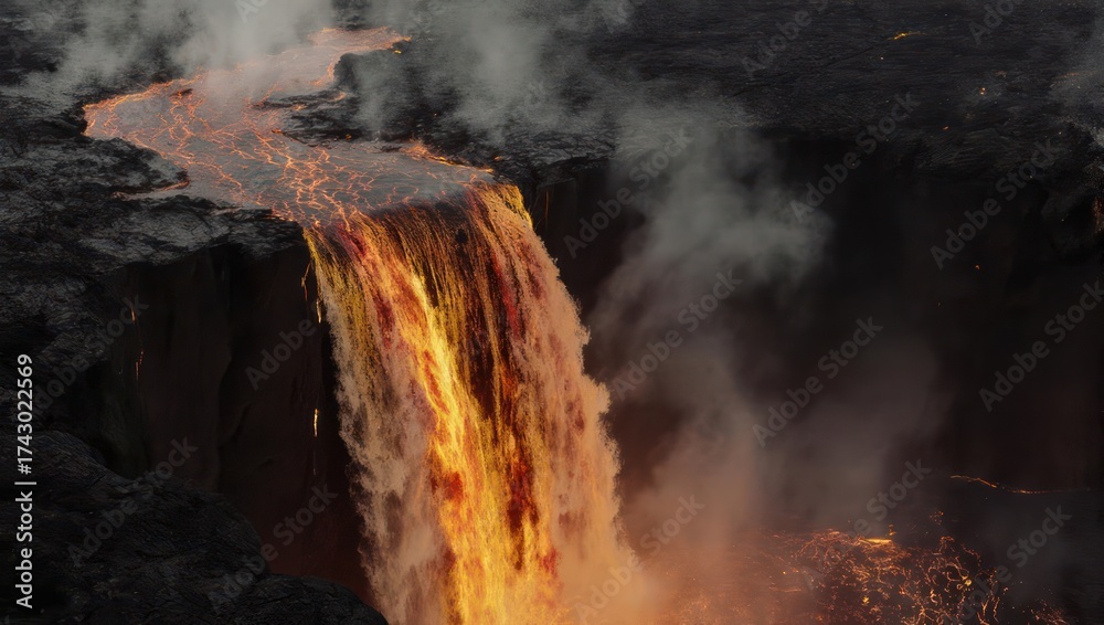 Fototapeta premium A fiery river of molten rock cascades down a cliff, creating a mesmerizing display of nature