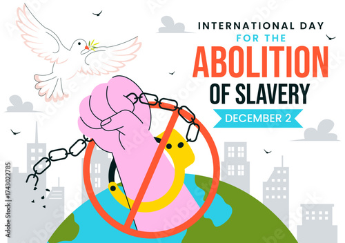 International Day for the Abolition of Slavery Illustration on December 2, Featuring Handcuffs, Broken Chains, and Flying Pigeons in a Background