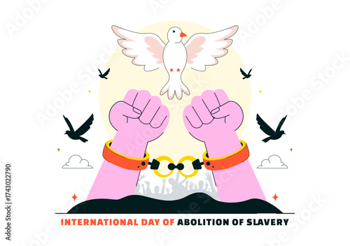 International Day for the Abolition of Slavery Illustration on December 2, Featuring Handcuffs, Broken Chains, and Flying Pigeons in a Background