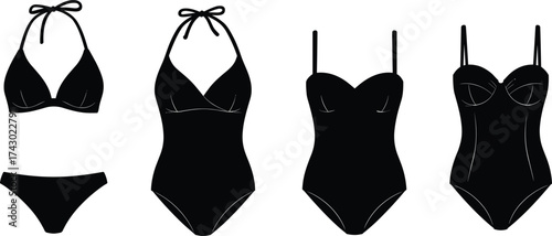 Collection of modern women swimsuits and bikinis silhouette, stylish summer beachwear fashion vector illustration set for design and branding