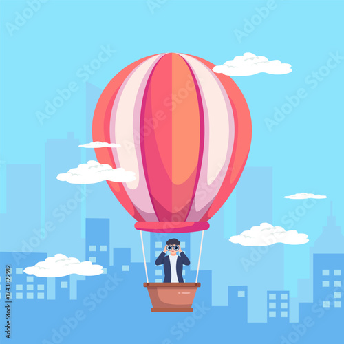 Business people in hot air balloons searching for new candidate employees, illustrating hiring and recruitment hr human resources. Flat style vector illustration