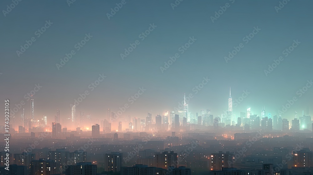 Fototapeta premium Glowing Cityscape at Night with Illuminated Buildings and Clear Sky in Evening Light Featuring Urban Landscape