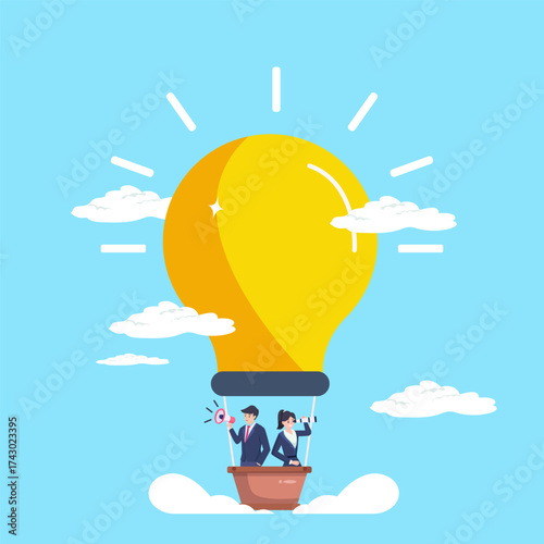 Businessman Flying on Air Balloon with Light Bulb. Male Character Looking through spyglass in search of creative idea. Business Vision Concept. Vector illustration