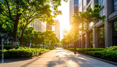 Sunny Urban Oasis Green Park Path Through Modern Cityscape with Trees  Buildings.
